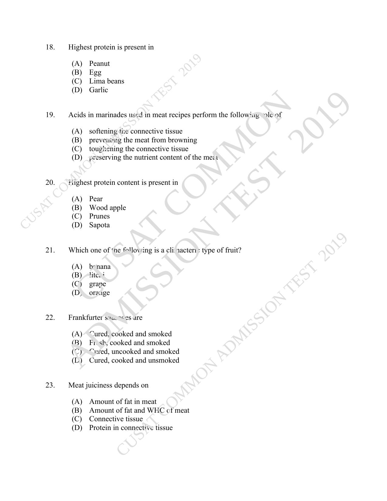 CUSAT CAT 2019 Foodscience Question Paper With Answer Key - Page 4