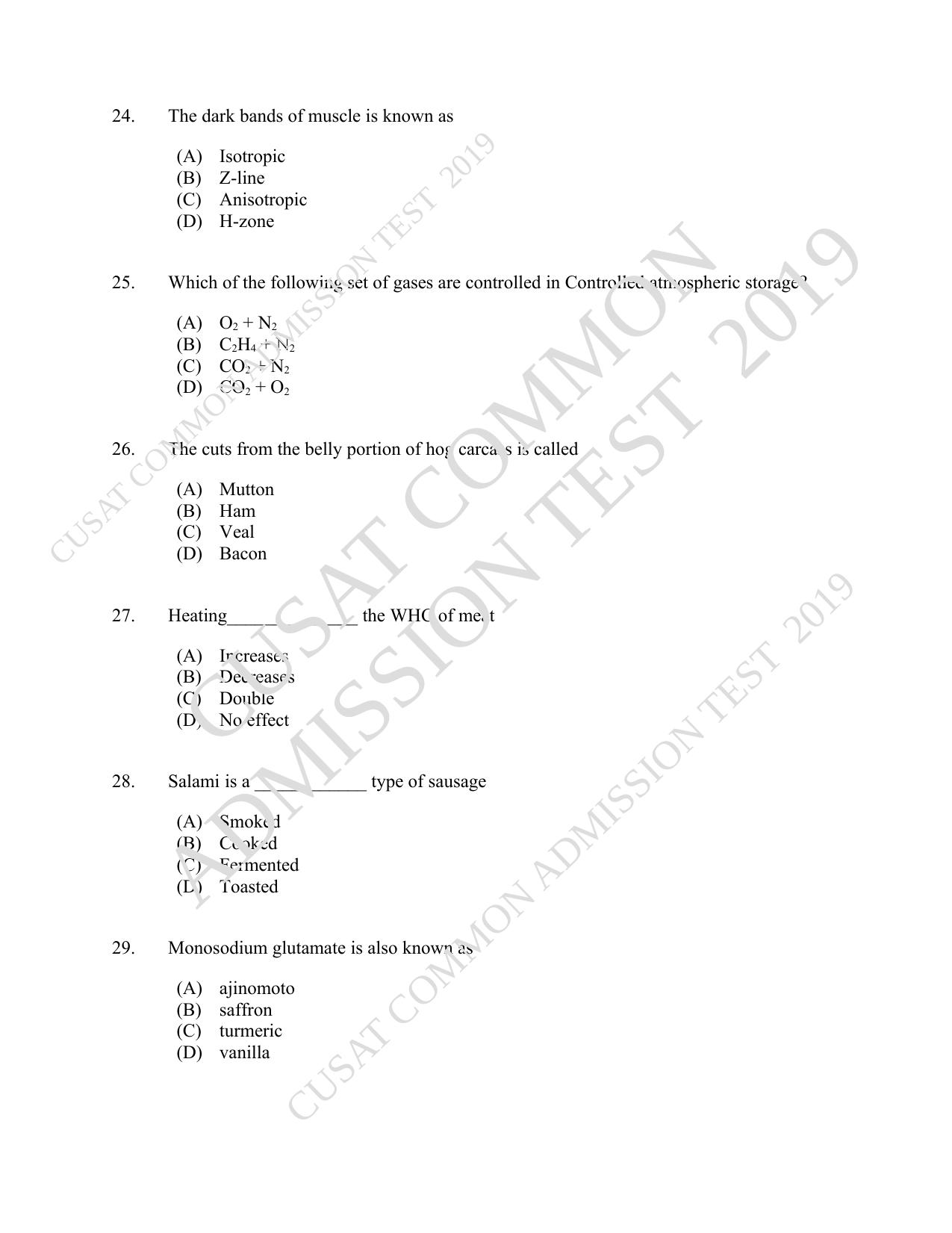 CUSAT CAT 2019 Foodscience Question Paper With Answer Key - Page 5