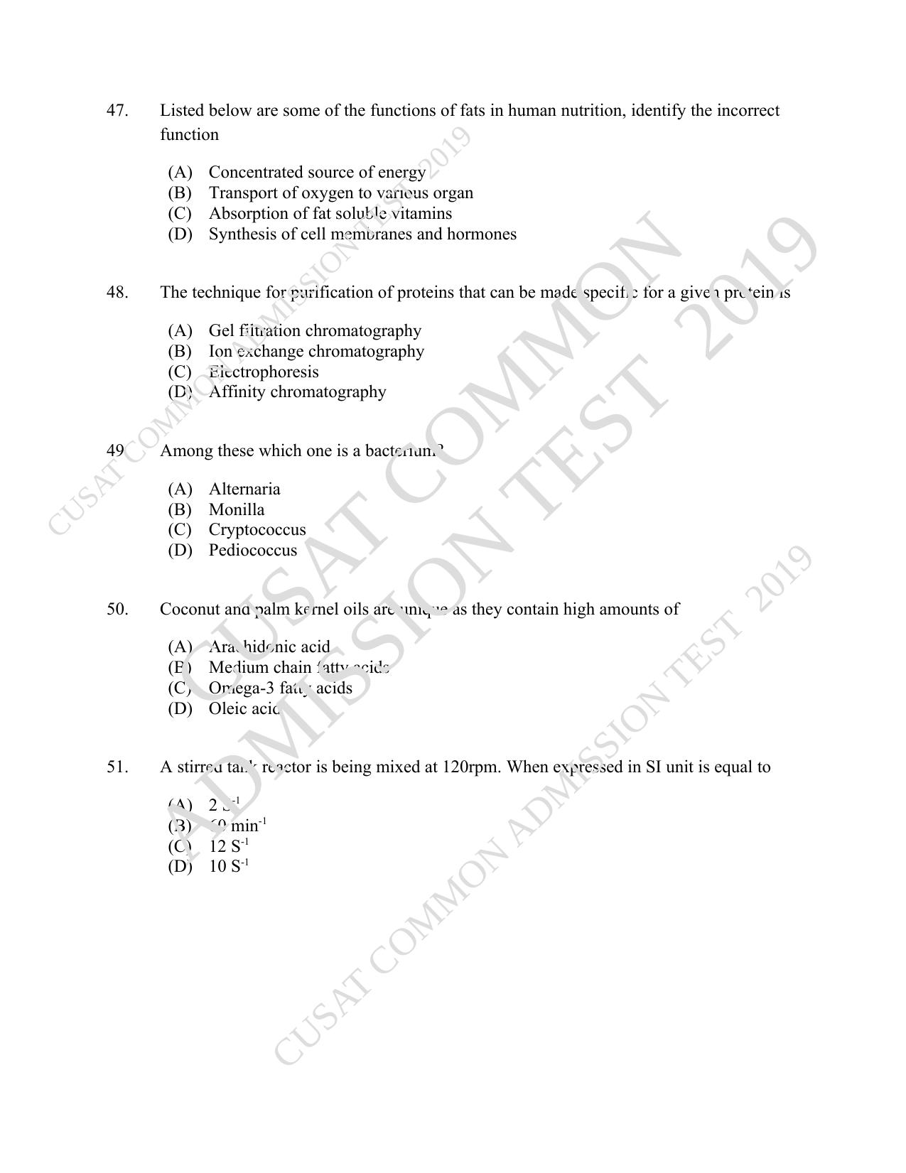 CUSAT CAT 2019 Foodscience Question Paper With Answer Key - Page 9