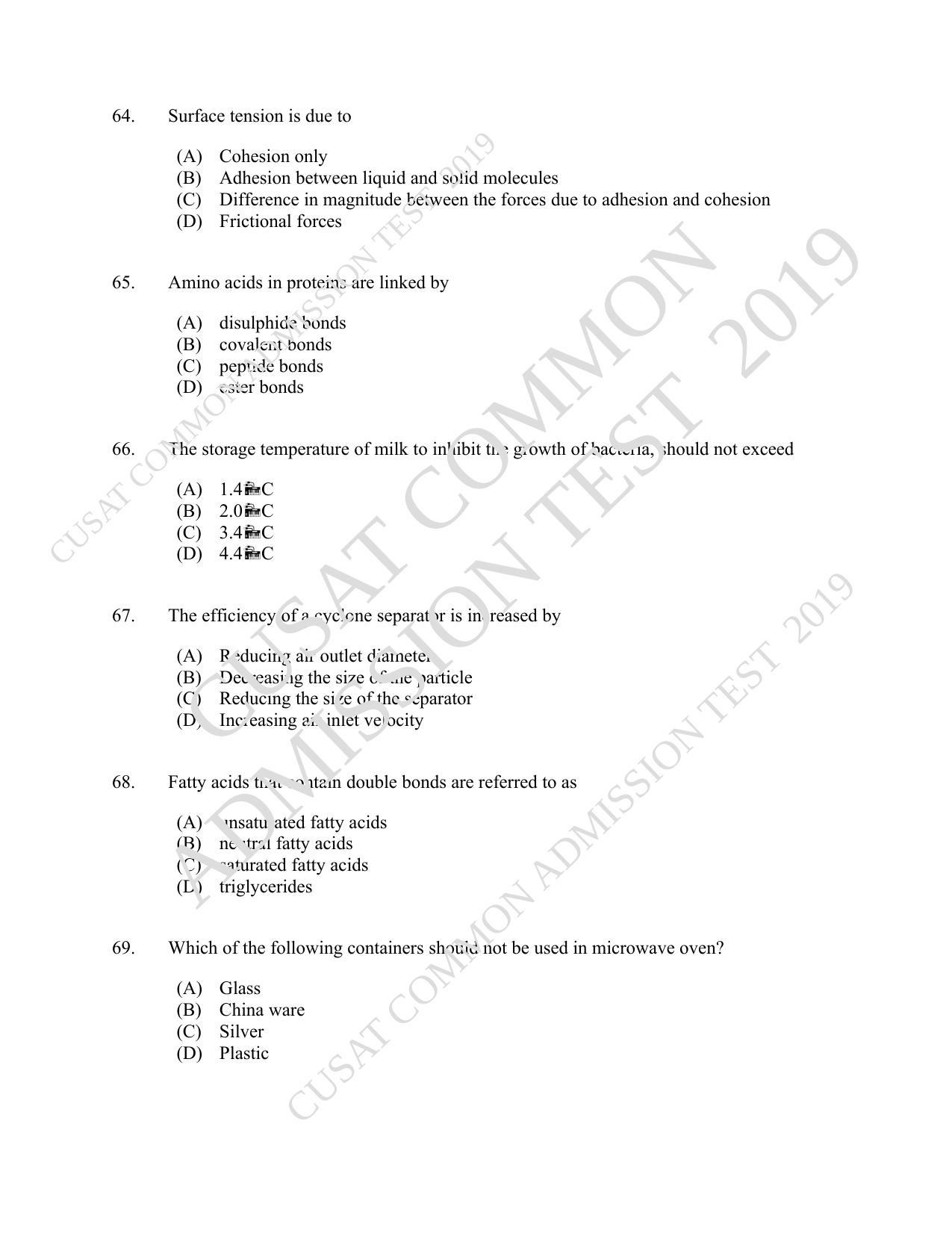 CUSAT CAT 2019 Foodscience Question Paper With Answer Key - Page 12