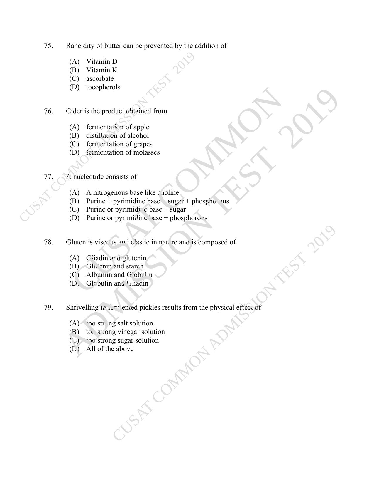 CUSAT CAT 2019 Foodscience Question Paper With Answer Key - Page 14