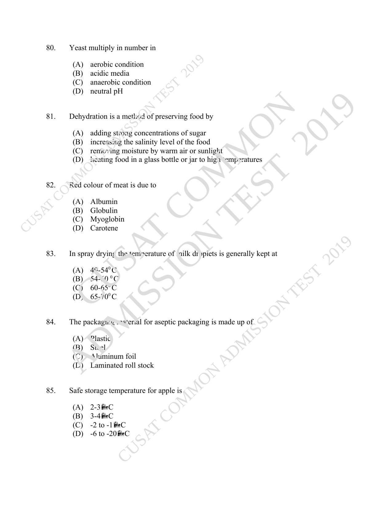 CUSAT CAT 2019 Foodscience Question Paper With Answer Key - Page 15