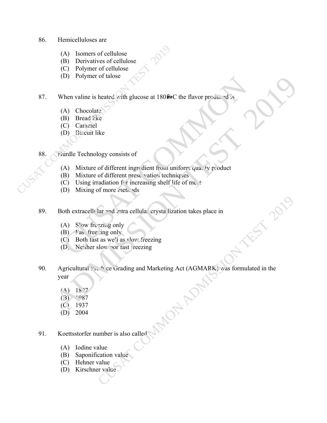 CUSAT CAT 2019 Foodscience Question Paper With Answer Key - Page 16