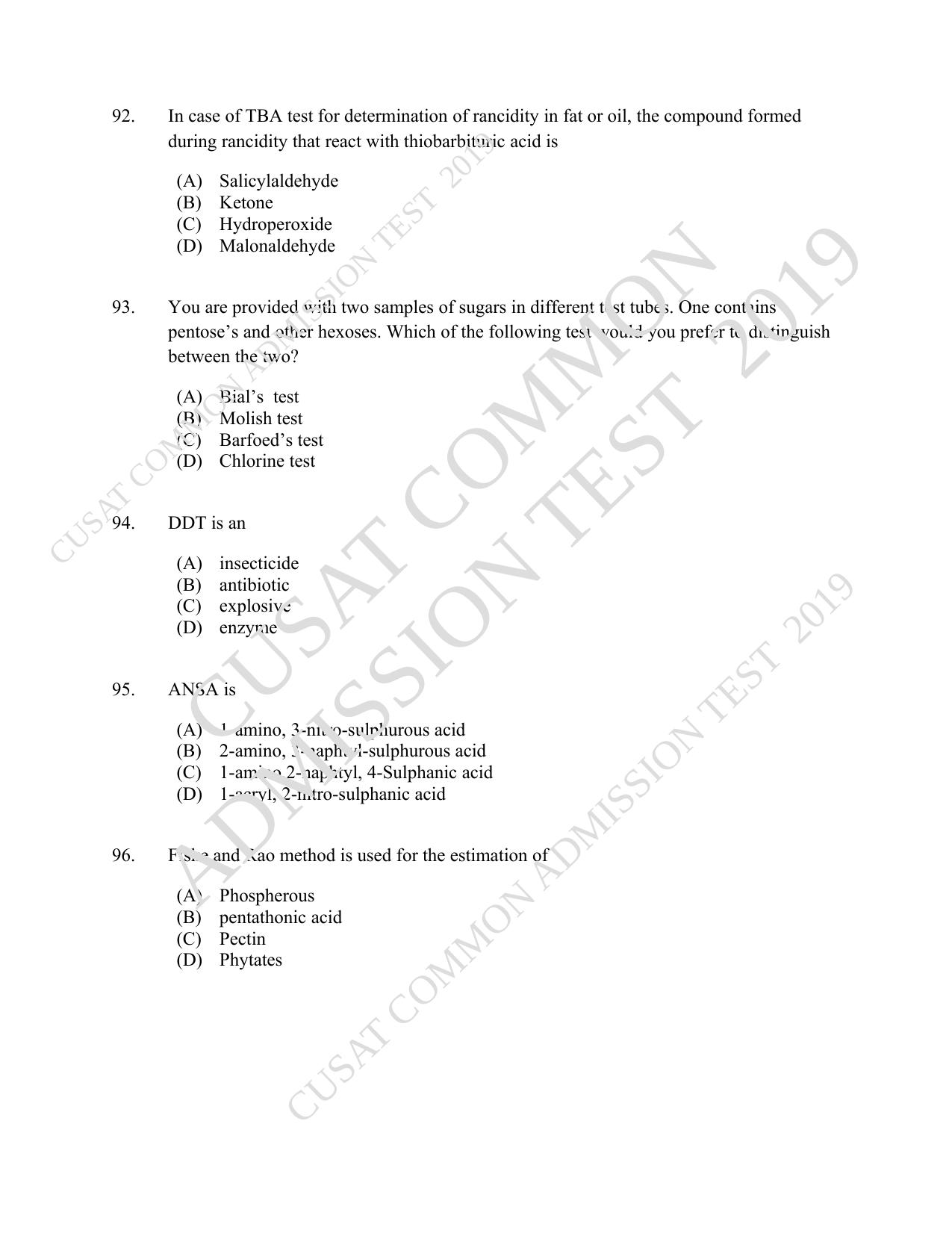 CUSAT CAT 2019 Foodscience Question Paper With Answer Key - Page 17