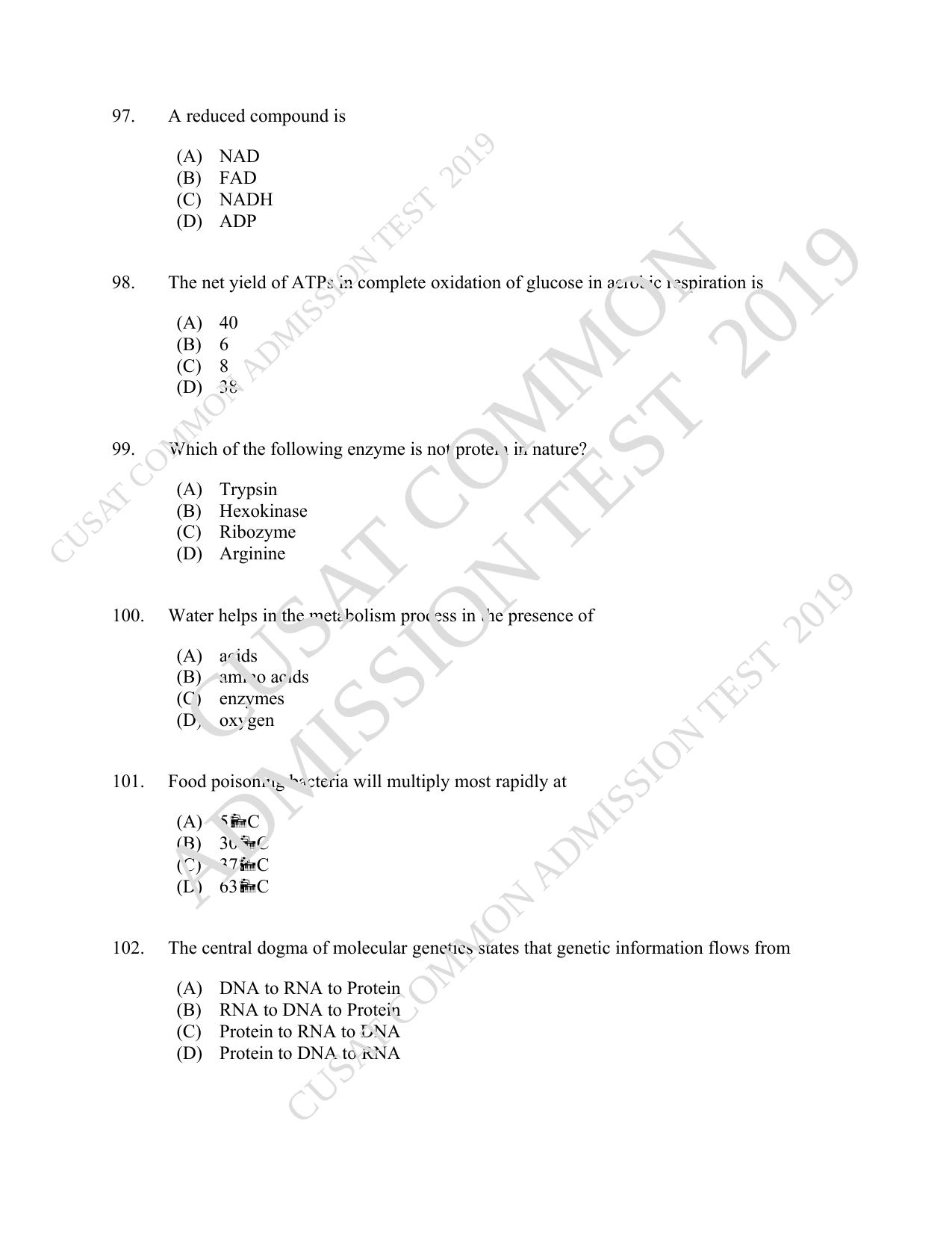 CUSAT CAT 2019 Foodscience Question Paper With Answer Key - Page 18