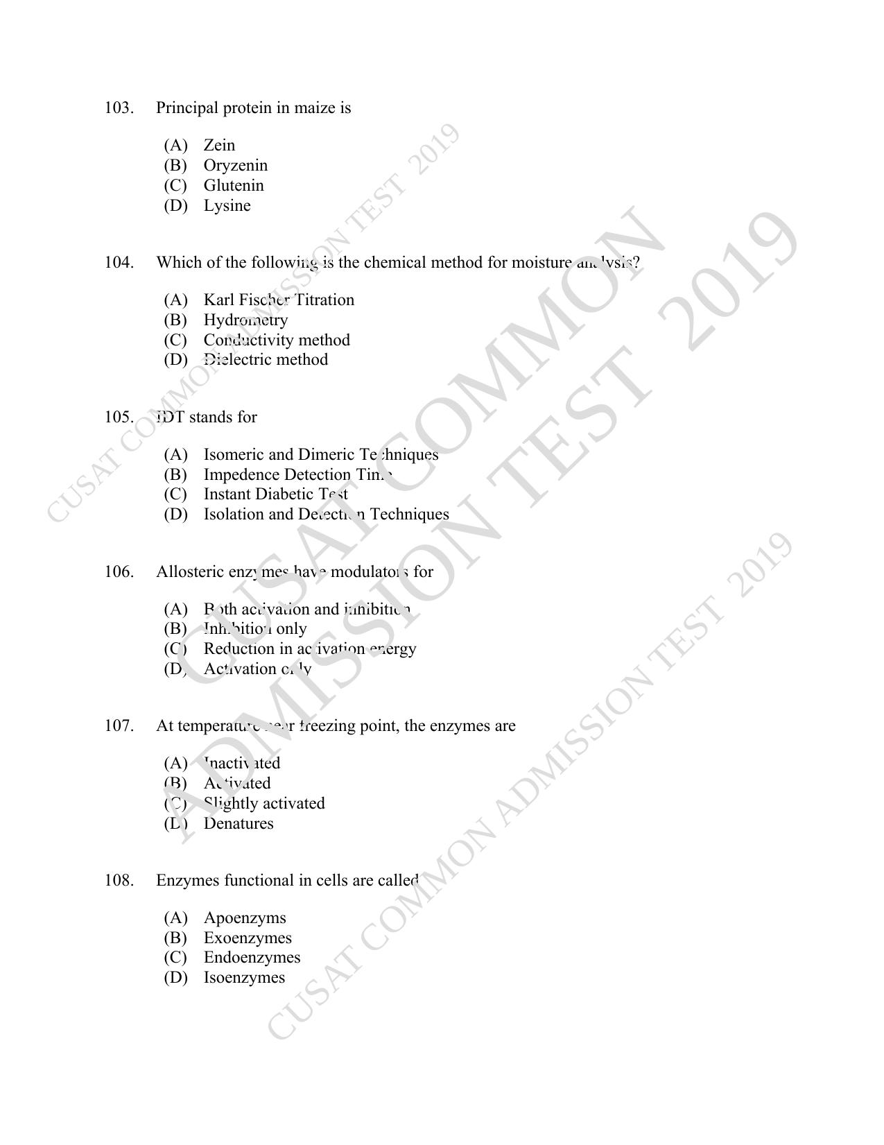 CUSAT CAT 2019 Foodscience Question Paper With Answer Key - Page 19