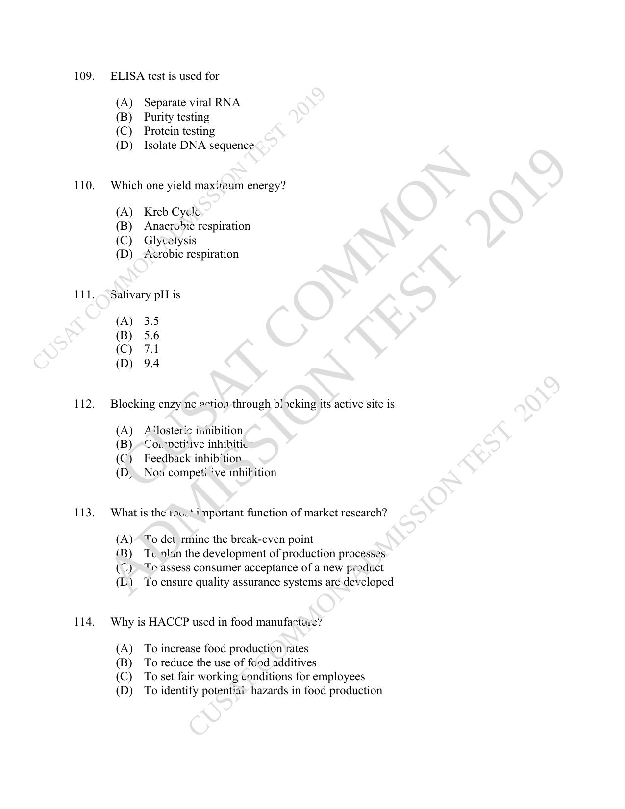 CUSAT CAT 2019 Foodscience Question Paper With Answer Key - Page 20