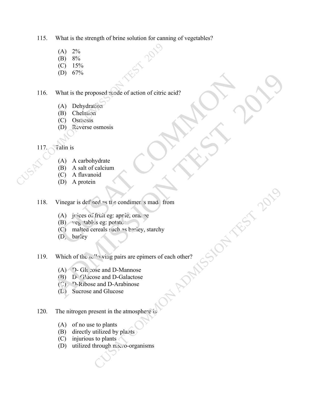 CUSAT CAT 2019 Foodscience Question Paper With Answer Key - Page 21
