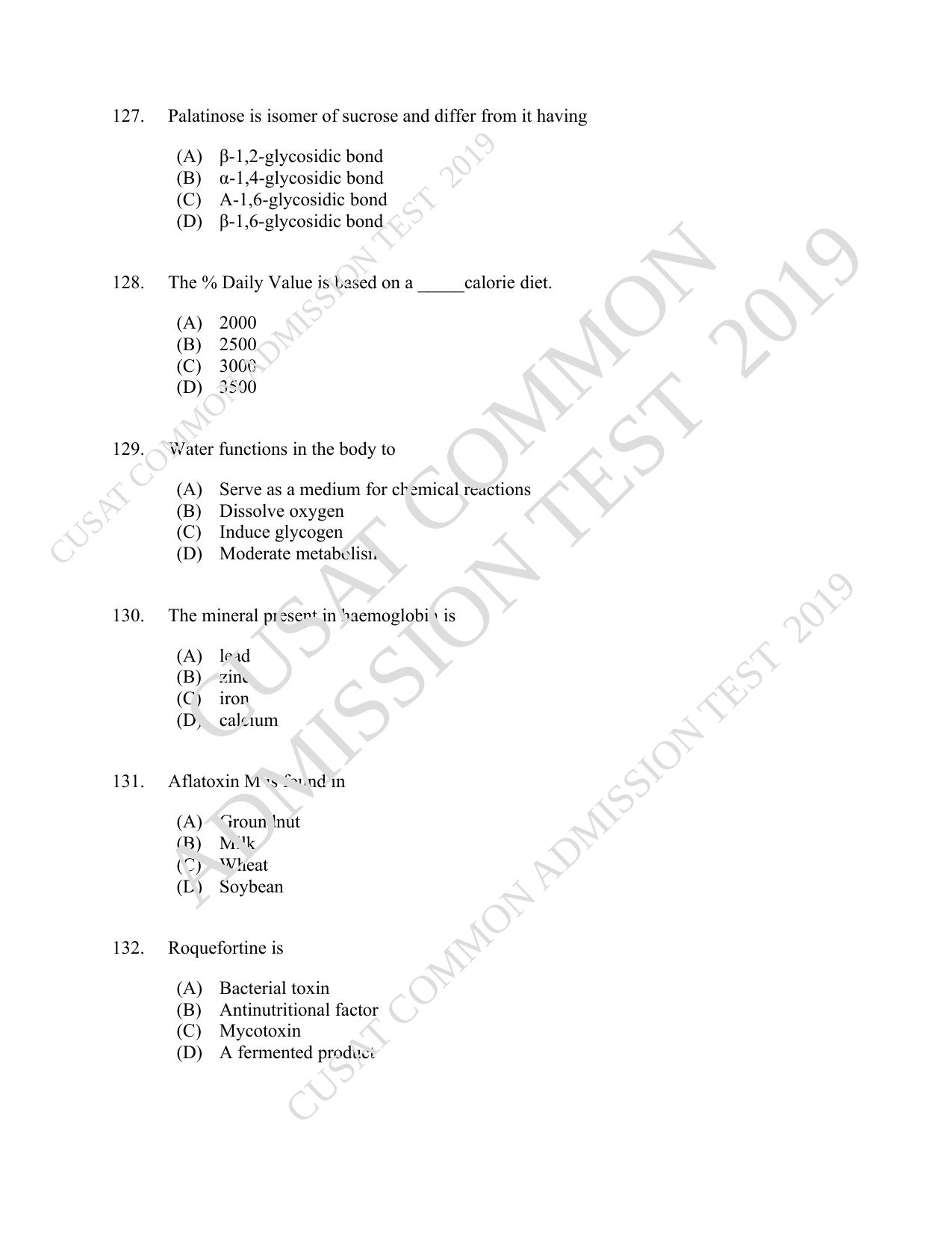 CUSAT CAT 2019 Foodscience Question Paper With Answer Key - Page 23