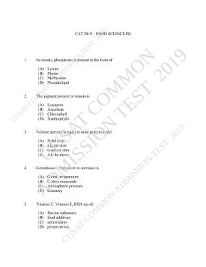 CUSAT CAT 2019 Foodscience Question Paper With Answer Key