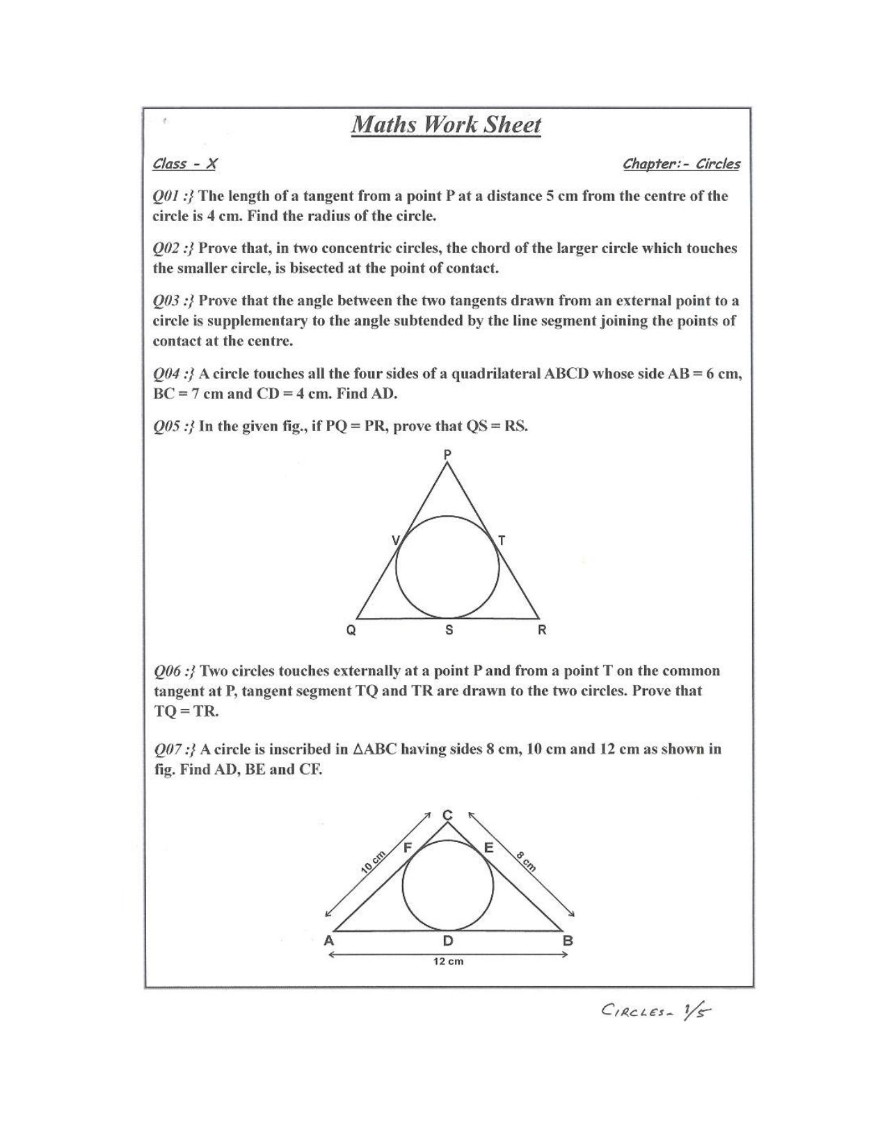 CBSE Worksheets for Class 10 Maths Circles Assignment 3 - Page 1