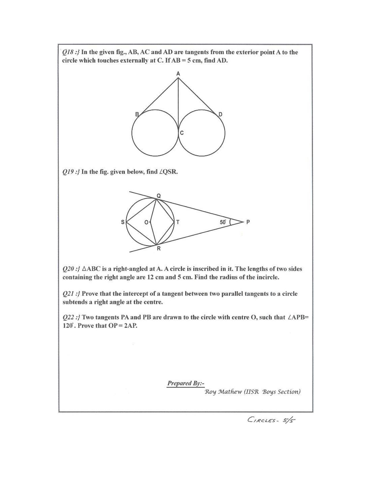 CBSE Worksheets for Class 10 Maths Circles Assignment 3 - Page 5