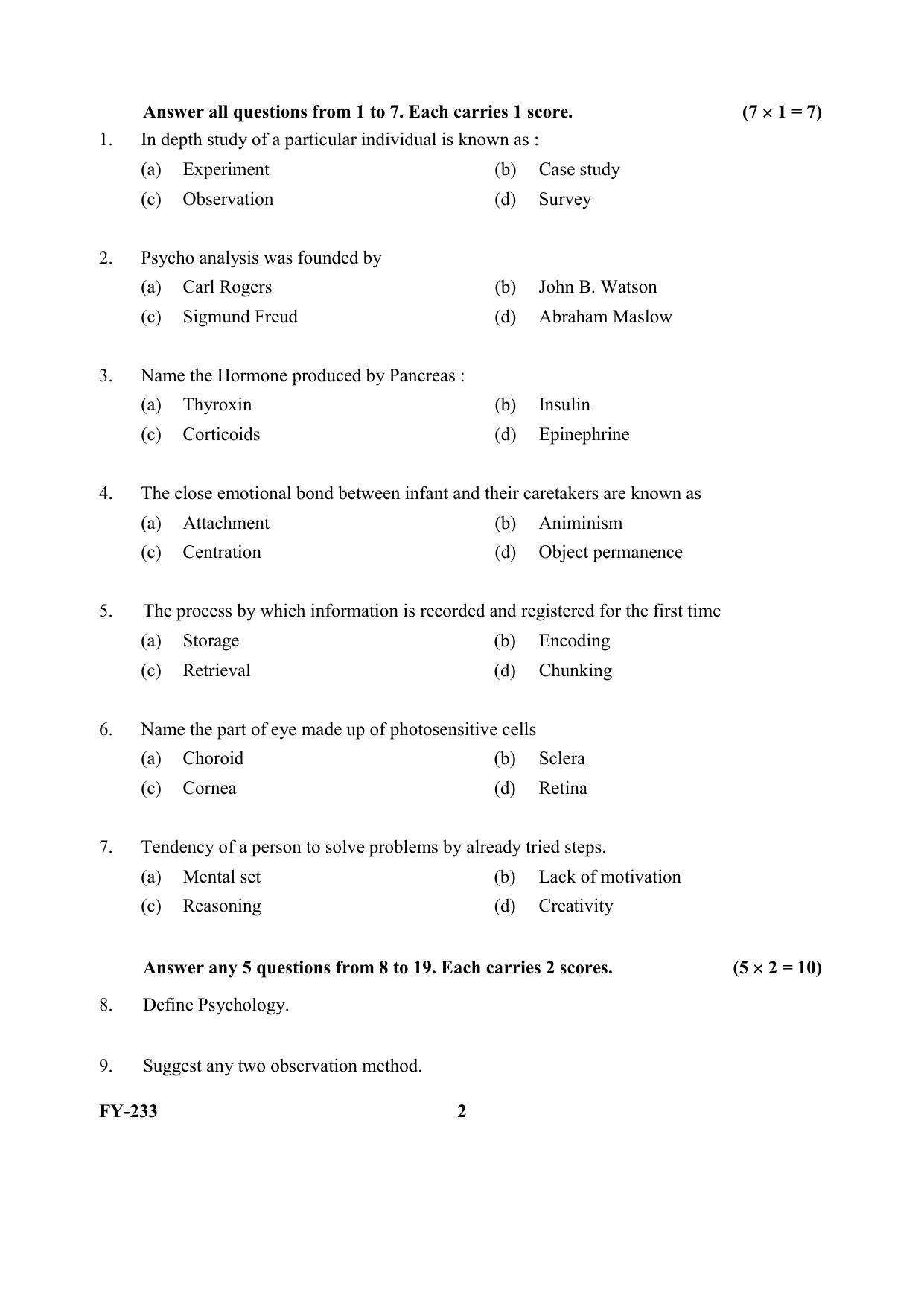 Kerala Plus One (Class 11th) Psychology Question Paper 2021 - Page 2