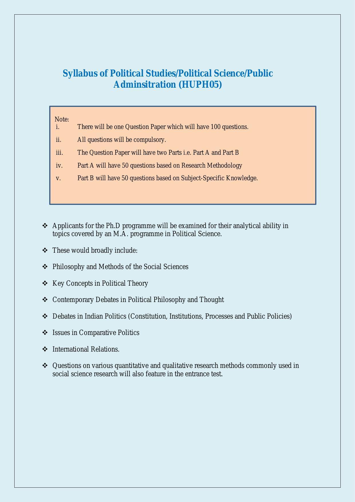 NTA PhD Entrance Exam Political Science/Political Studies/Public Administration Syllabus - Page 1