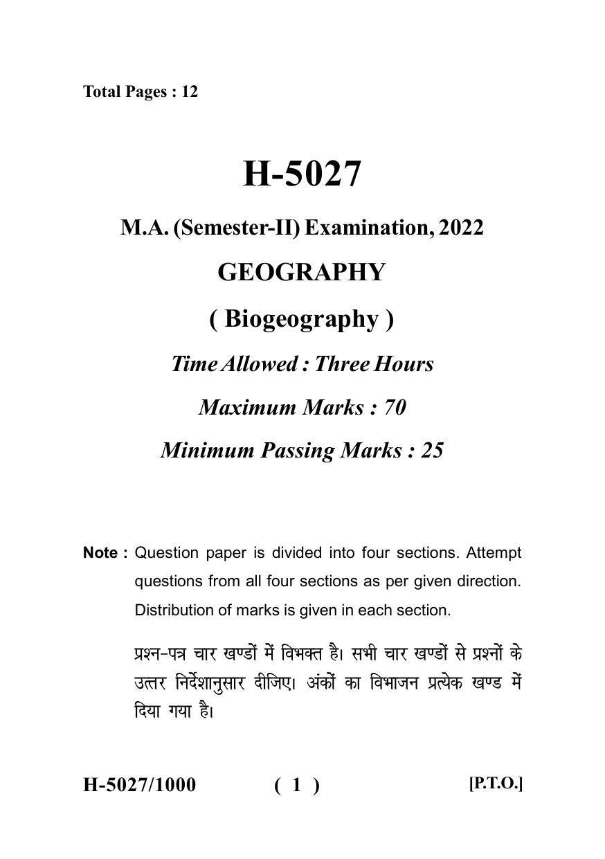 Sarguja University Question Paper 2022 M.A. In Geography(Second Sem.) BioGeography Paper 1