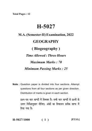 Sarguja University Question Paper - 2022 :   M.A. In Geography(Second Sem.) Bio-Geography Paper 1