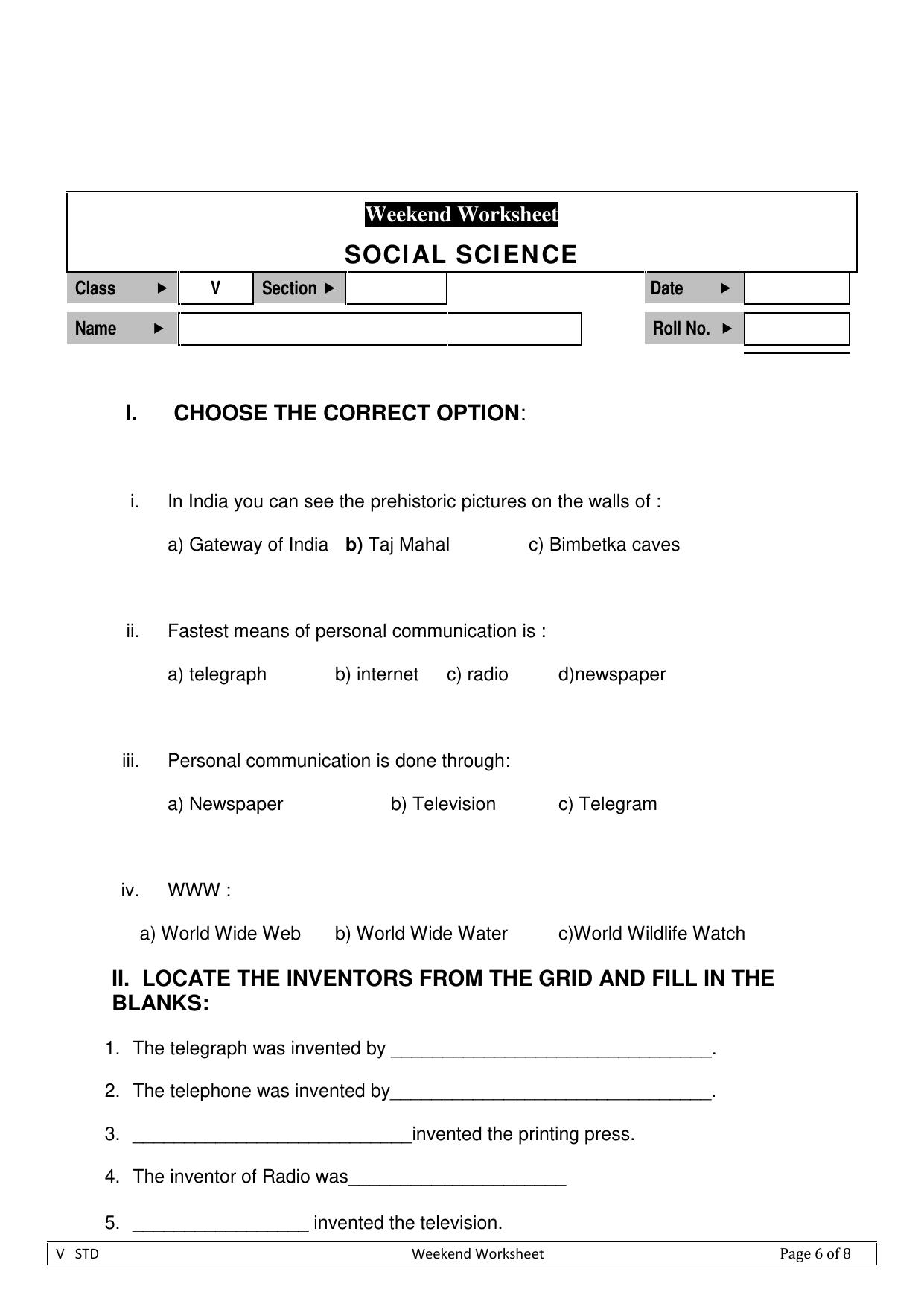 Worksheet for Class 5 Social Science Assignment 4 - Page 1