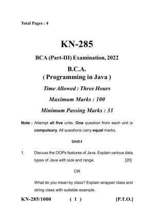 Sarguja University Question Paper July-2022 :   B.C.A  Part Three Programming In Java Paper I