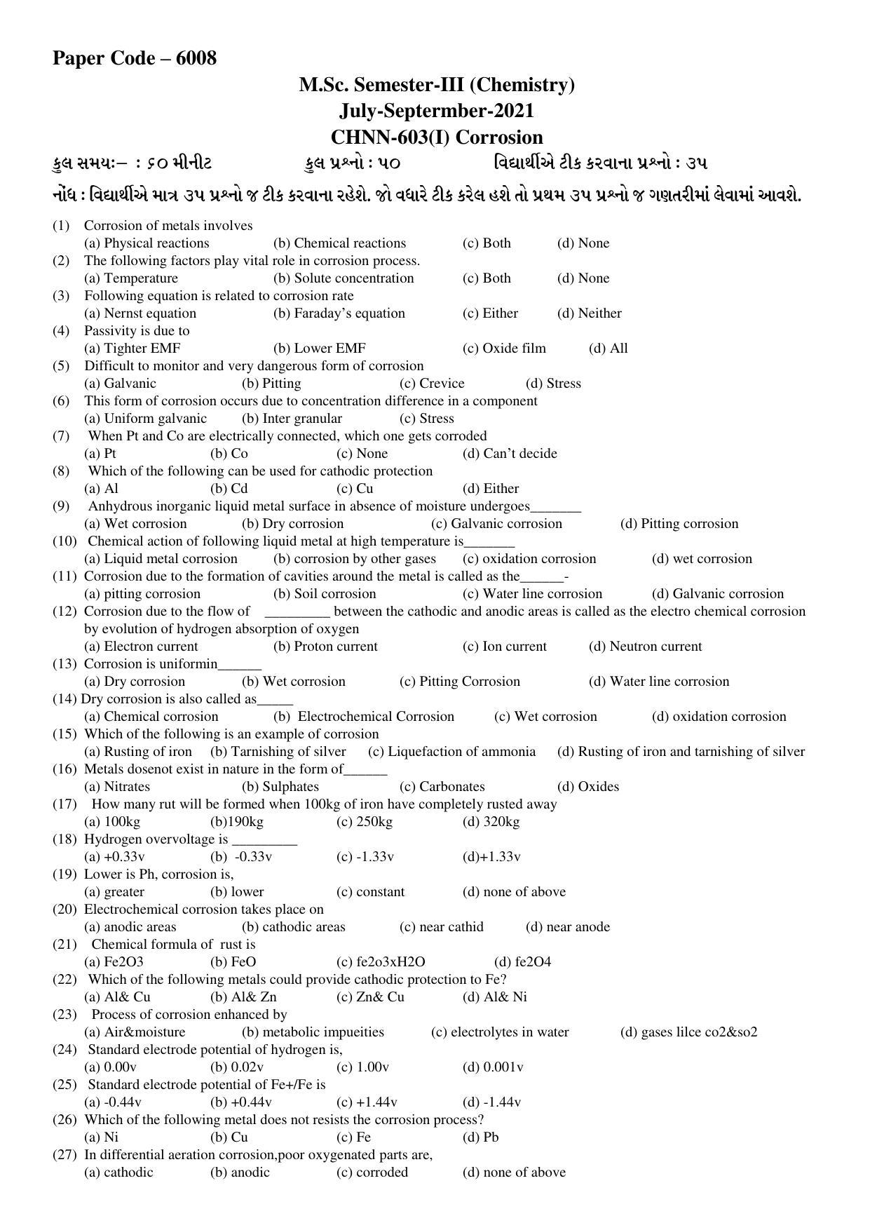 Hemchand North Gujarat University Sample Paper July-Sept 2021: M.Sc. Semester-III CH N N - 603 (I) Corrosion Paper Code – 6008 - Page 1