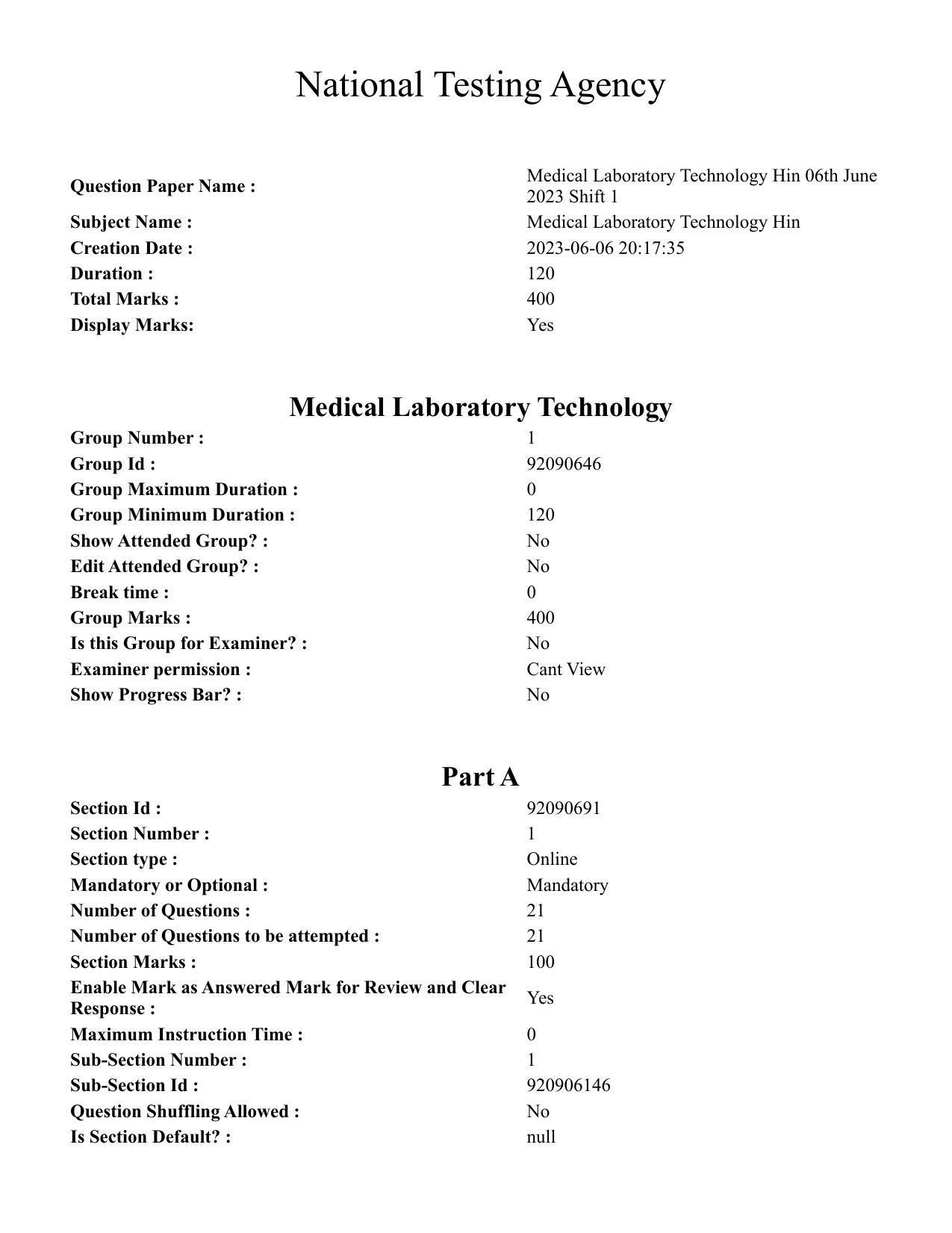CUET PG 2023: SCQP20 – Medical Laboratory Technology (Hindi)- Shift 1 (06-06-2023) Question Paper - Page 1