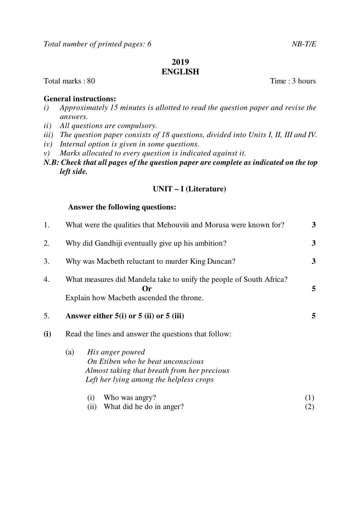 Nagaland Board Class 10 ENGLISH 2019 Question Paper - Page 1