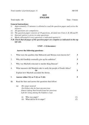 Nagaland Board Class 10 ENGLISH 2019 Question Paper