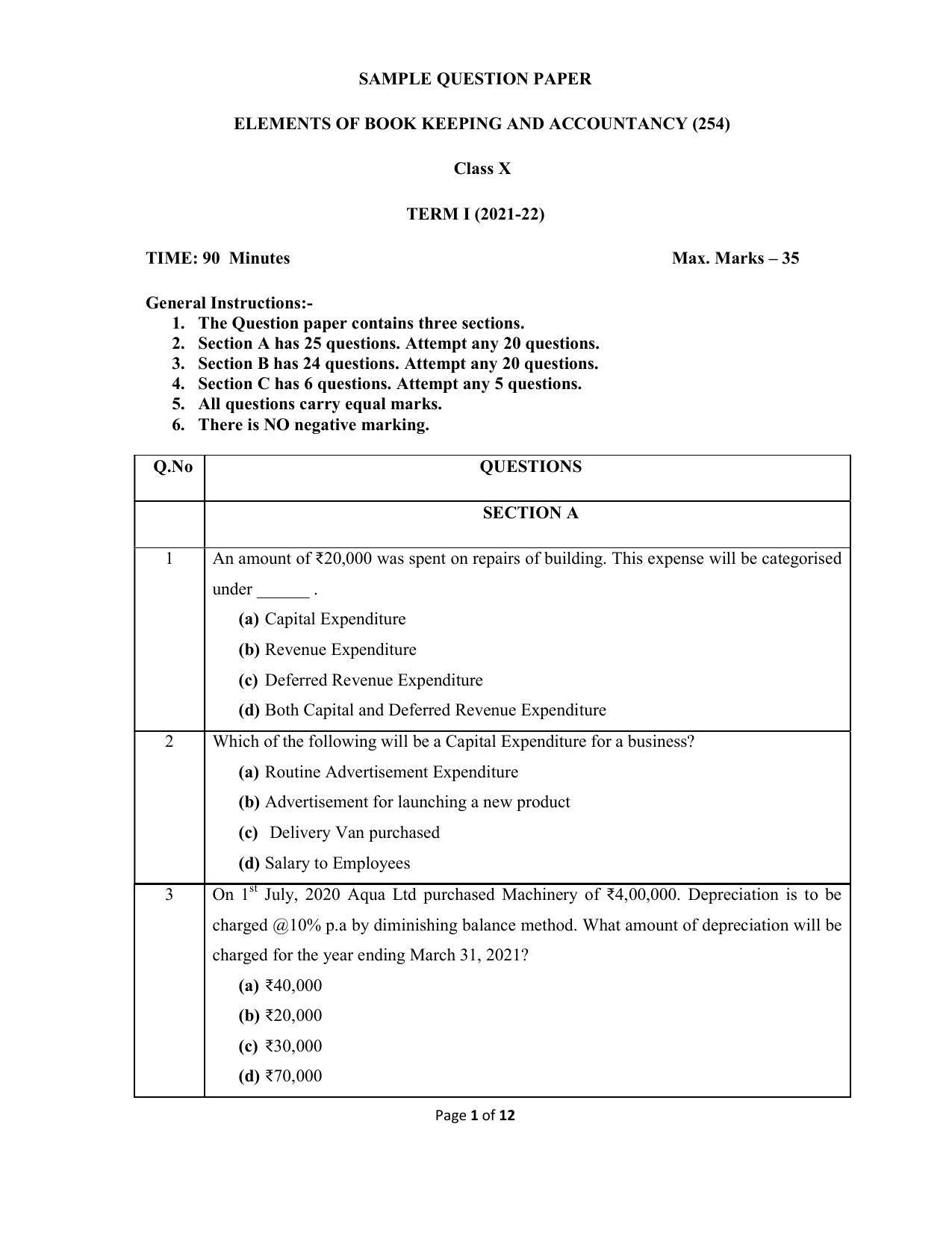 CBSE Class 10 Elements of Book Keeping and Accountancy Sample Paper 2021-22 - Page 1
