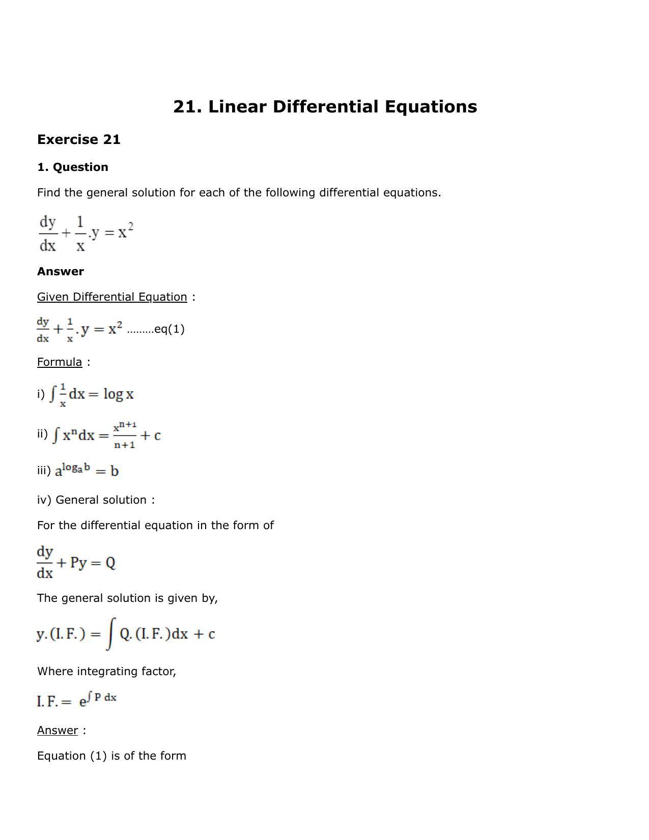 Chapter 21: Linear Differential Equations Solutions: RS Aggarwal Class 12 Solutions - Page 1
