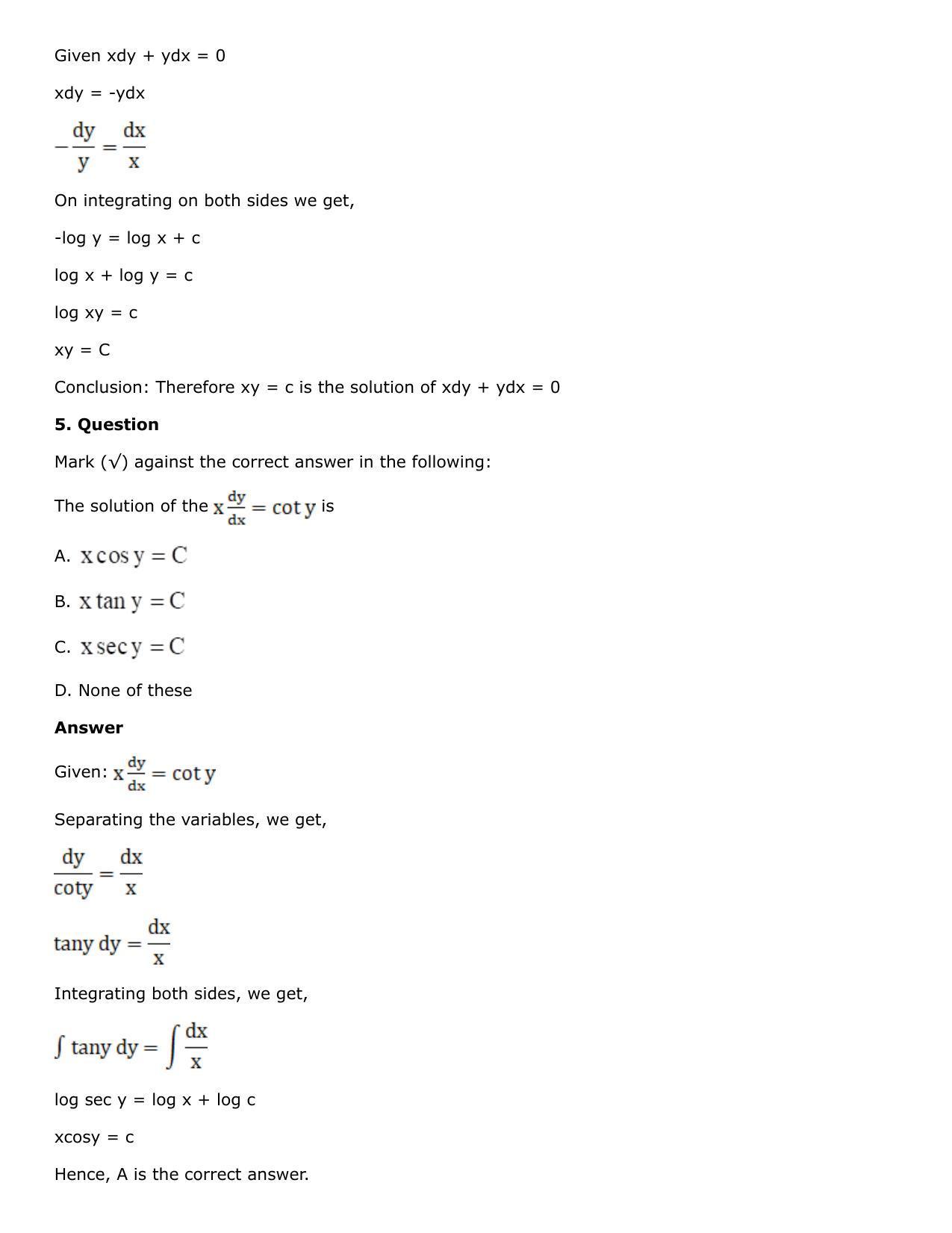 Chapter 21: Linear Differential Equations Solutions: RS Aggarwal Class 12 Solutions - Page 108