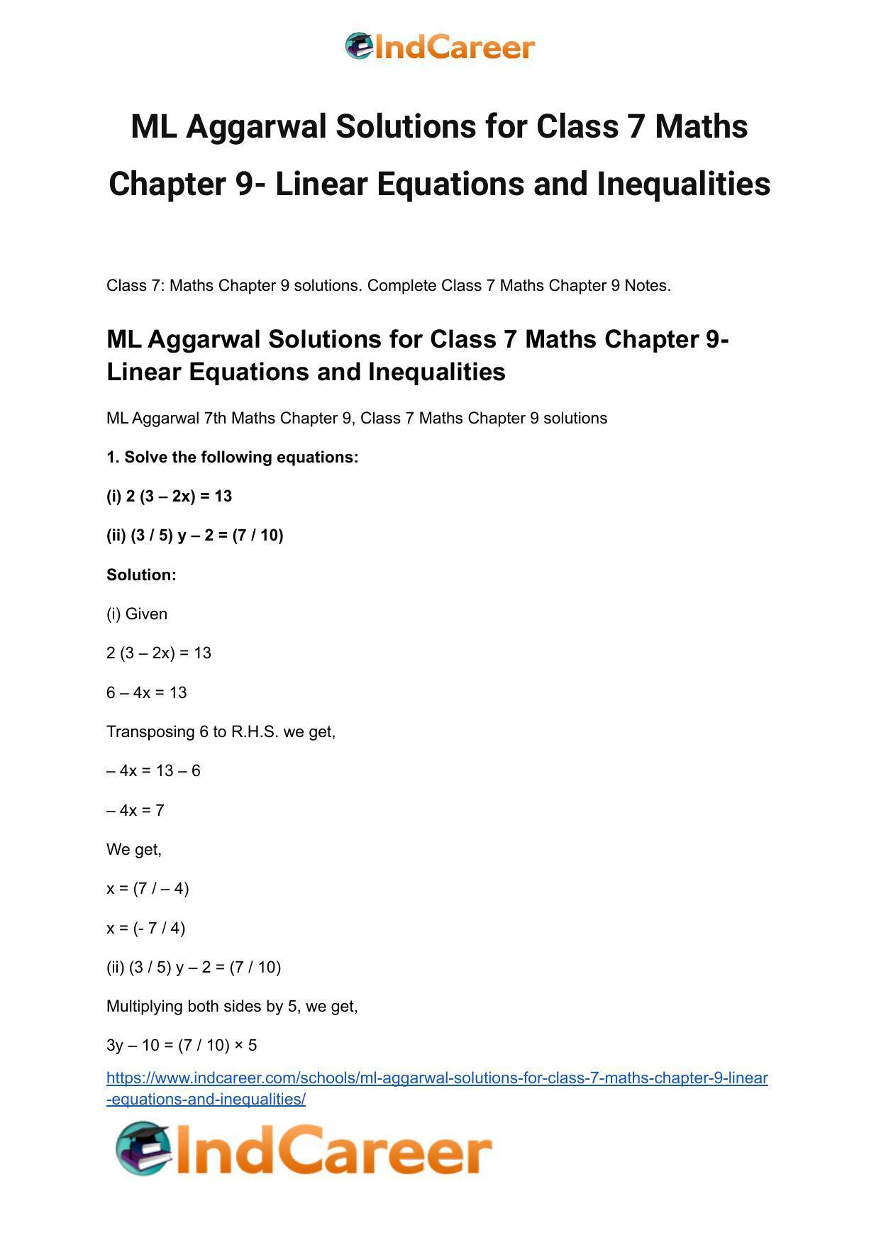 ML Aggarwal Solutions for Class 7 Maths Chapter 9- Linear Equations and Inequalities - Page 2