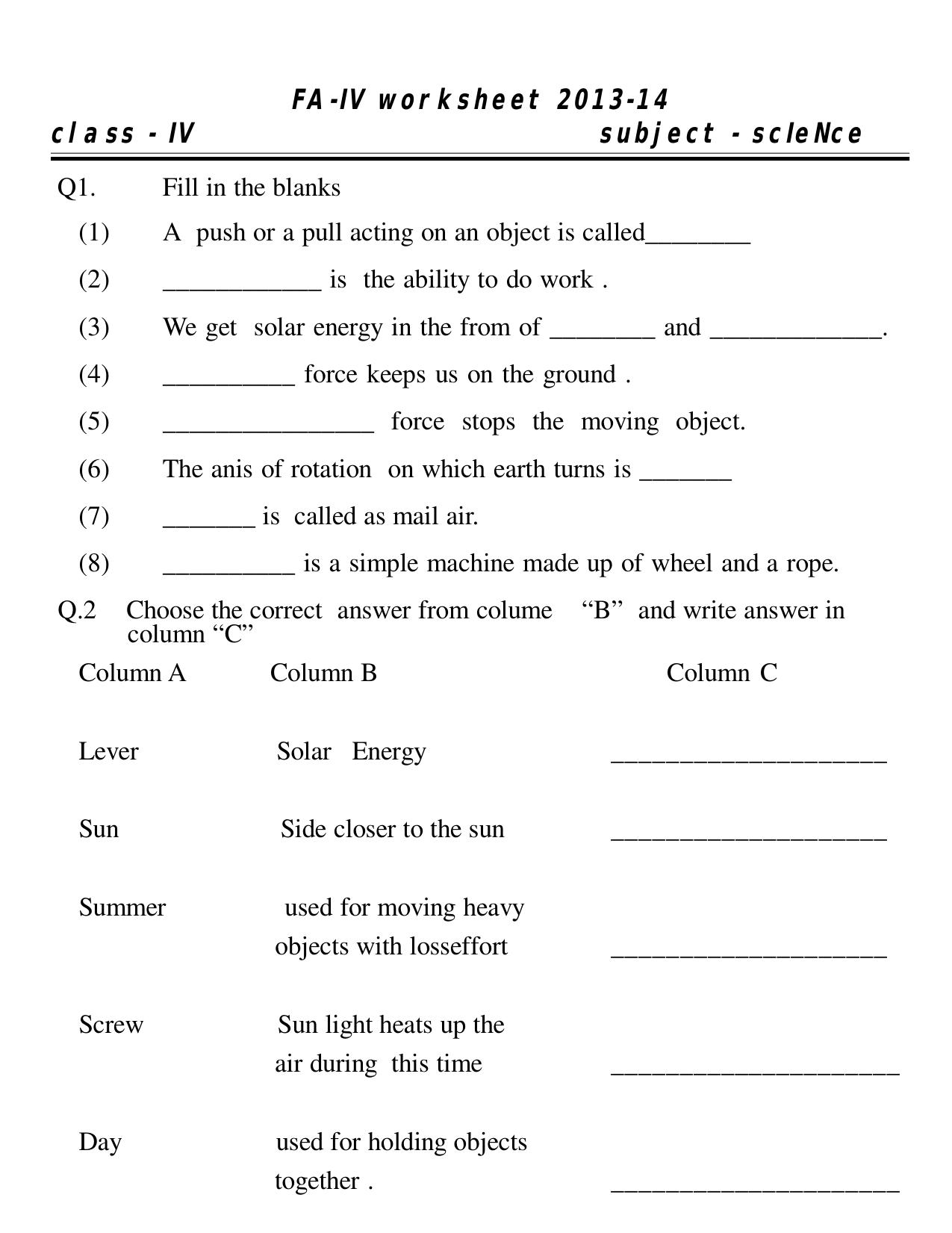 Worksheet for Class 4 Science Assignment 6 - Page 1