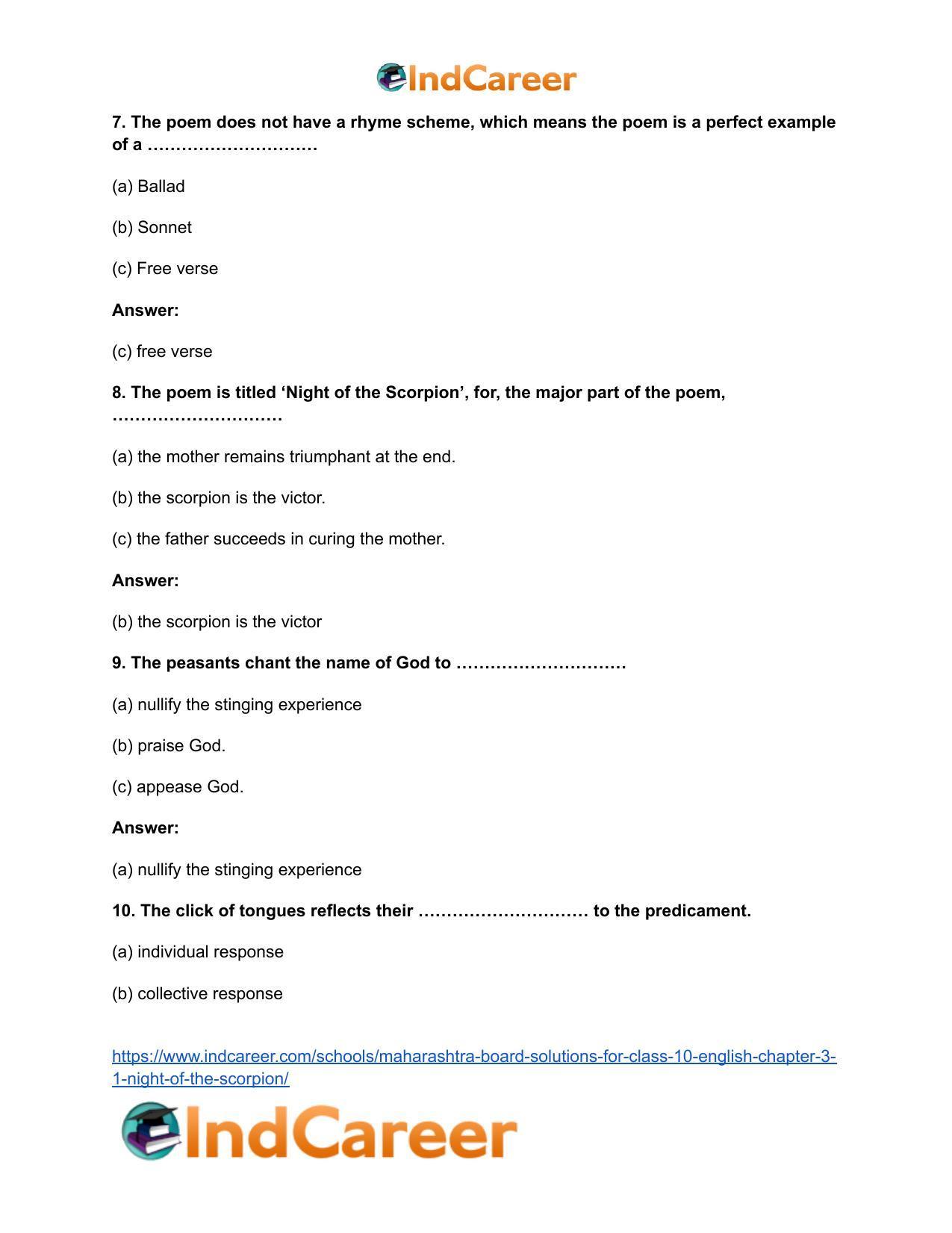 Maharashtra Board Solutions for Class 10- English: Chapter 3.1- Night of the Scorpion - Page 11