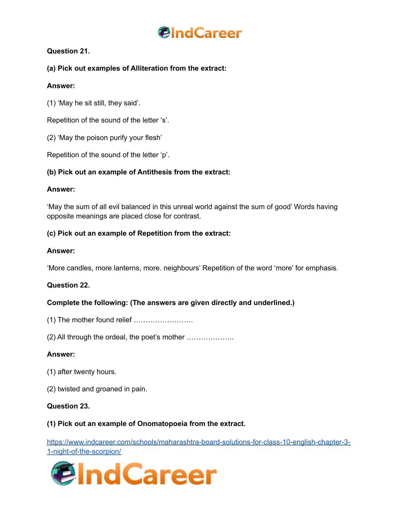 Maharashtra Board Solutions for Class 10- English: Chapter 3.1- Night of the Scorpion - Page 22