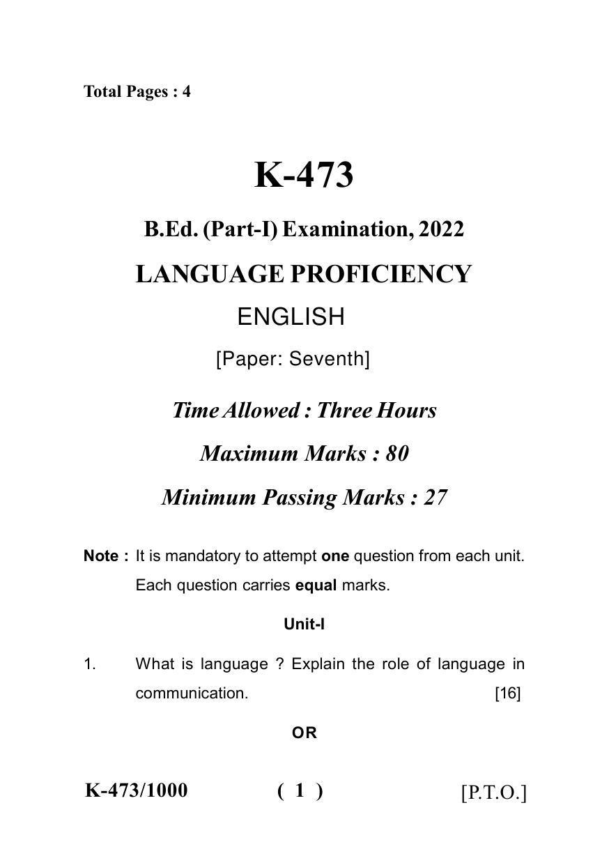 Sarguja University Question Paper - 2022 : Bachelor Of Education I Year Language Proficiency-English Paper I - Page 1