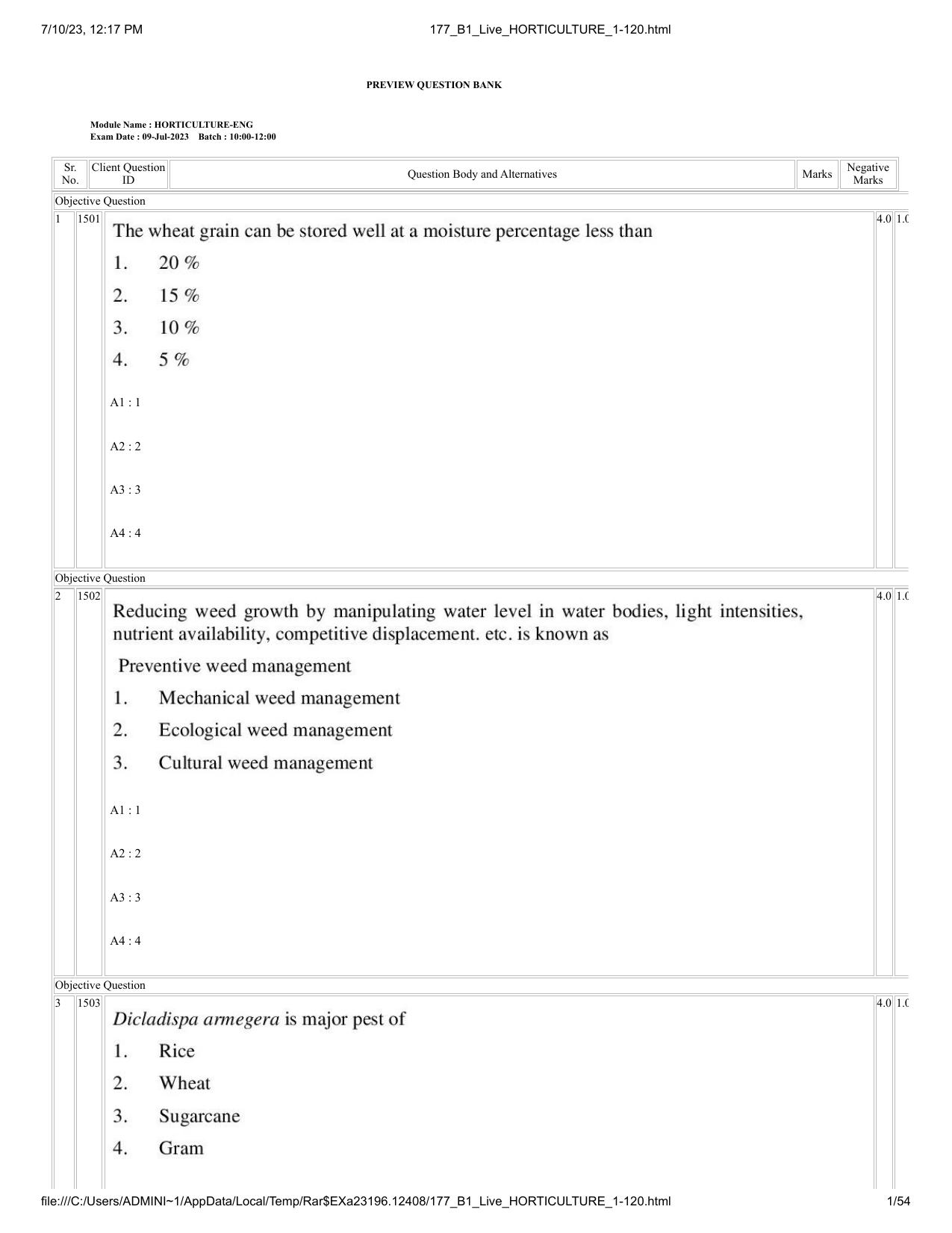 ICAR AIEEA PG 2023 HORTICULTURE Question Paper - Page 1