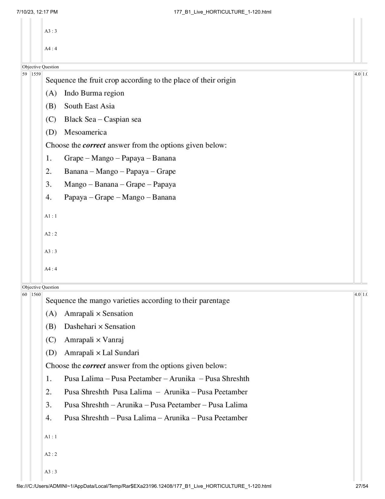 ICAR AIEEA PG 2023 HORTICULTURE Question Paper - Page 27