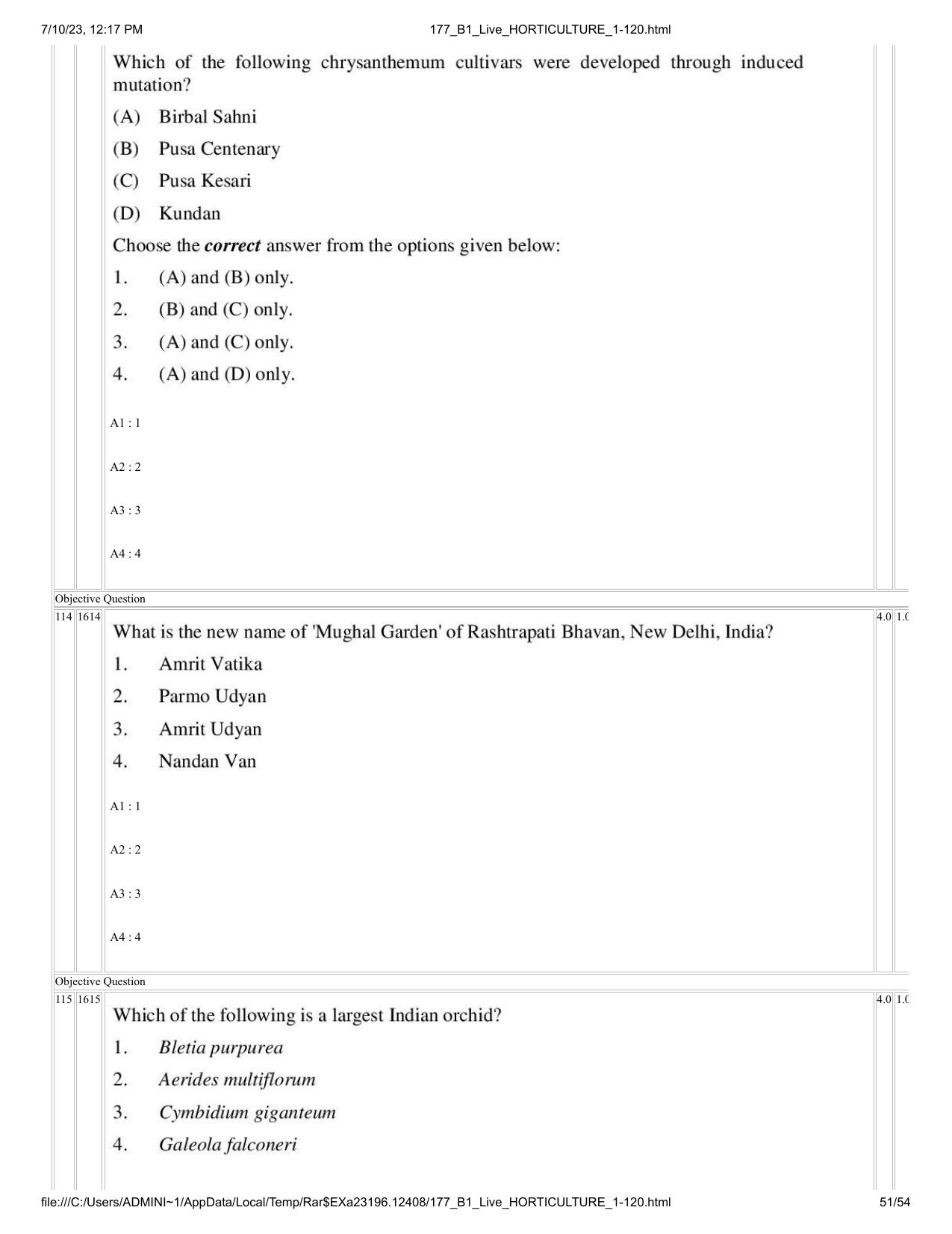 ICAR AIEEA PG 2023 HORTICULTURE Question Paper - Page 51