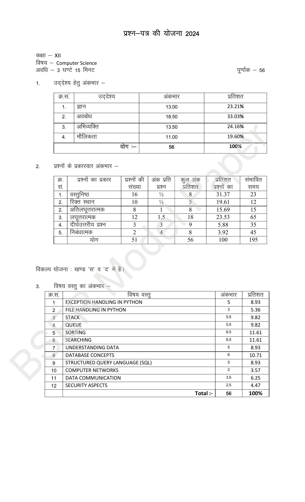 RBSE 2024 Sr Secondary (Arts) Model Question Paper - Page 1