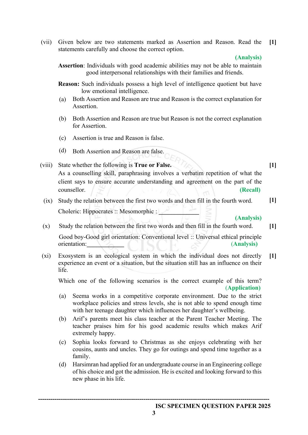 ISC Class 12 2025 PSYCHOLOGY (SQP & AK) Specimen Paper - Page 3