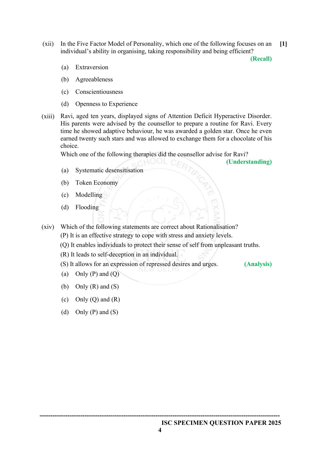 ISC Class 12 2025 PSYCHOLOGY (SQP & AK) Specimen Paper - Page 4