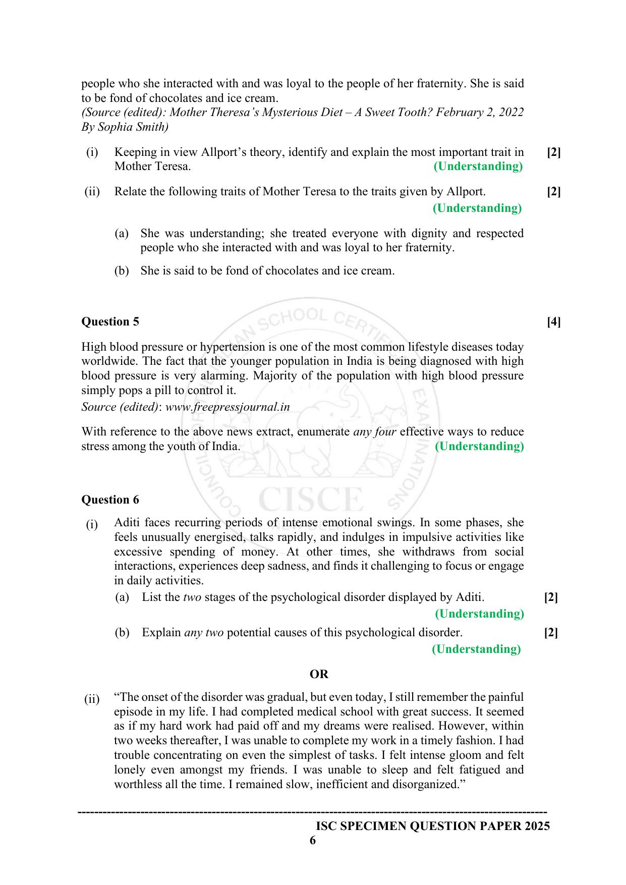 ISC Class 12 2025 PSYCHOLOGY (SQP & AK) Specimen Paper - Page 6