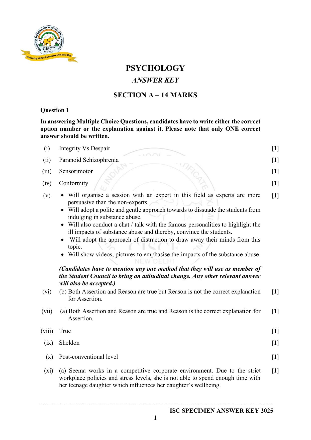 ISC Class 12 2025 PSYCHOLOGY (SQP & AK) Specimen Paper - Page 11