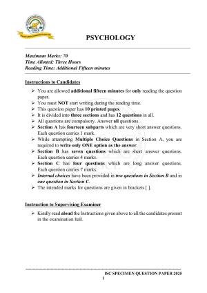 ISC Class 12 2025 PSYCHOLOGY (SQP & AK) Specimen Paper