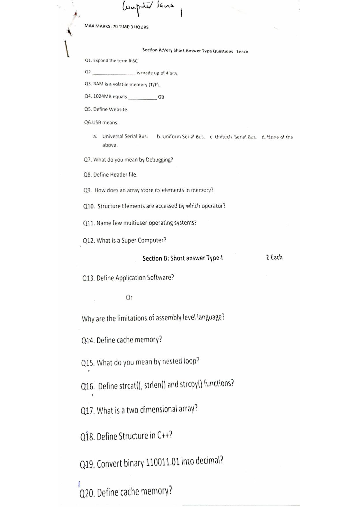 JKBOSE Class 11 Computer Science Model Question Paper 2023 - Page 1