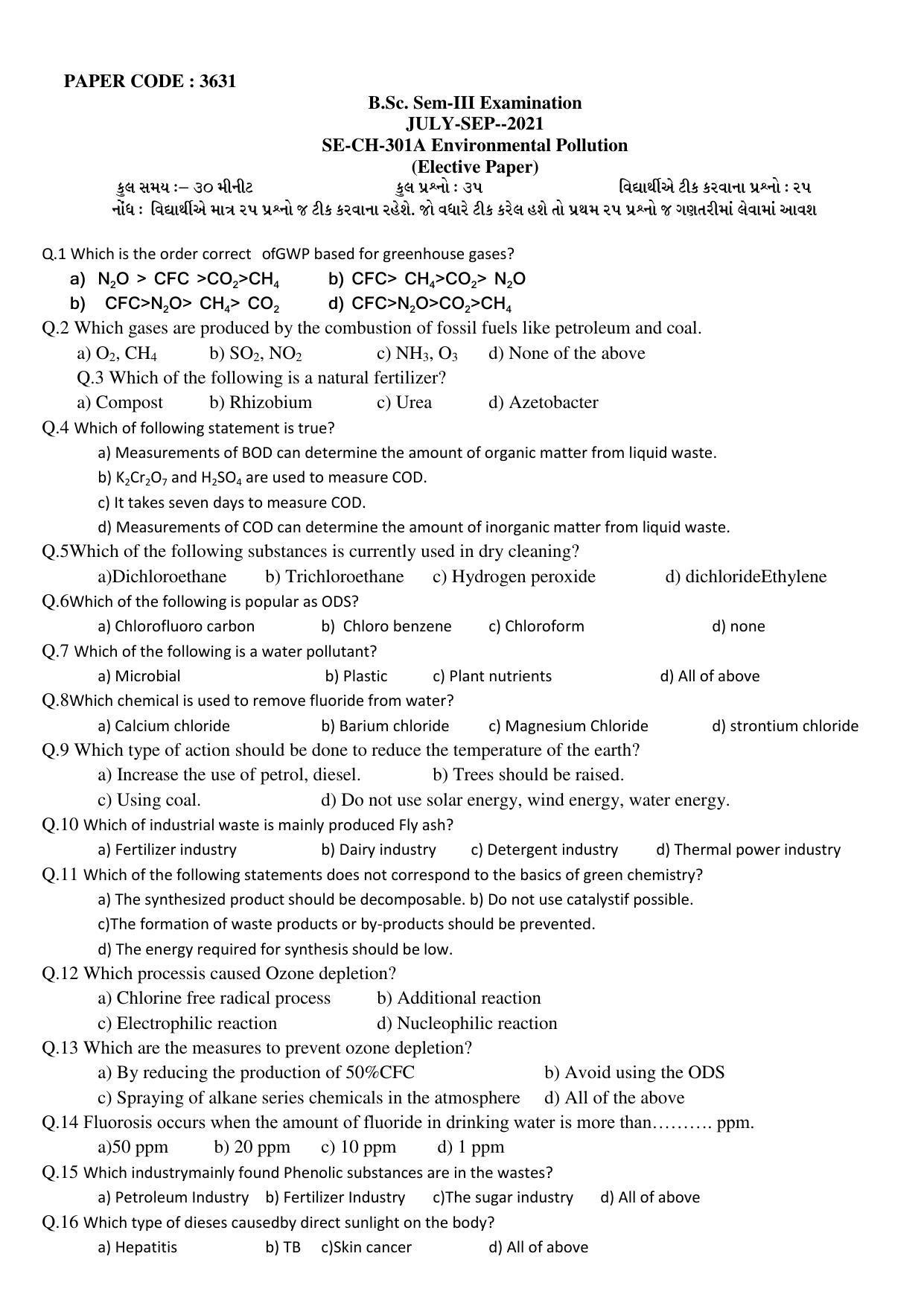 Hemchand North Gujarat University Sample Paper July-Sept 2021:  B.Sc. Sem-III  301 - A Environmental Pollution Paper Code - 3631 - Page 3