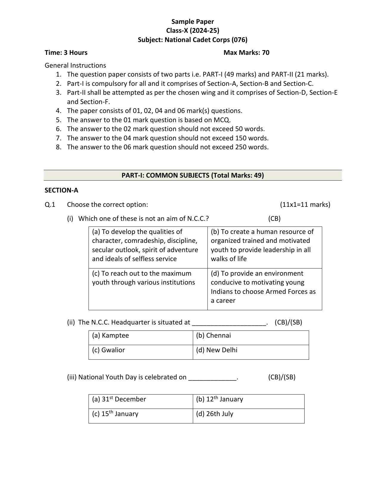 CBSE Class 10 NCC Sample Paper 2025 - Page 1
