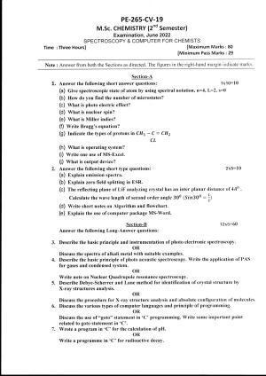 Bilaspur University Question Paper June 2022:M.Sc. Chemistry (Second Semester) Spectroscopy & Computer For Chemists Paper 1