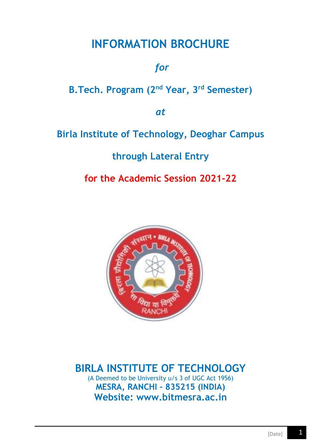Birla Institute of Technology (BIT), Mesra Information Brochure 2021-22 - Page 1