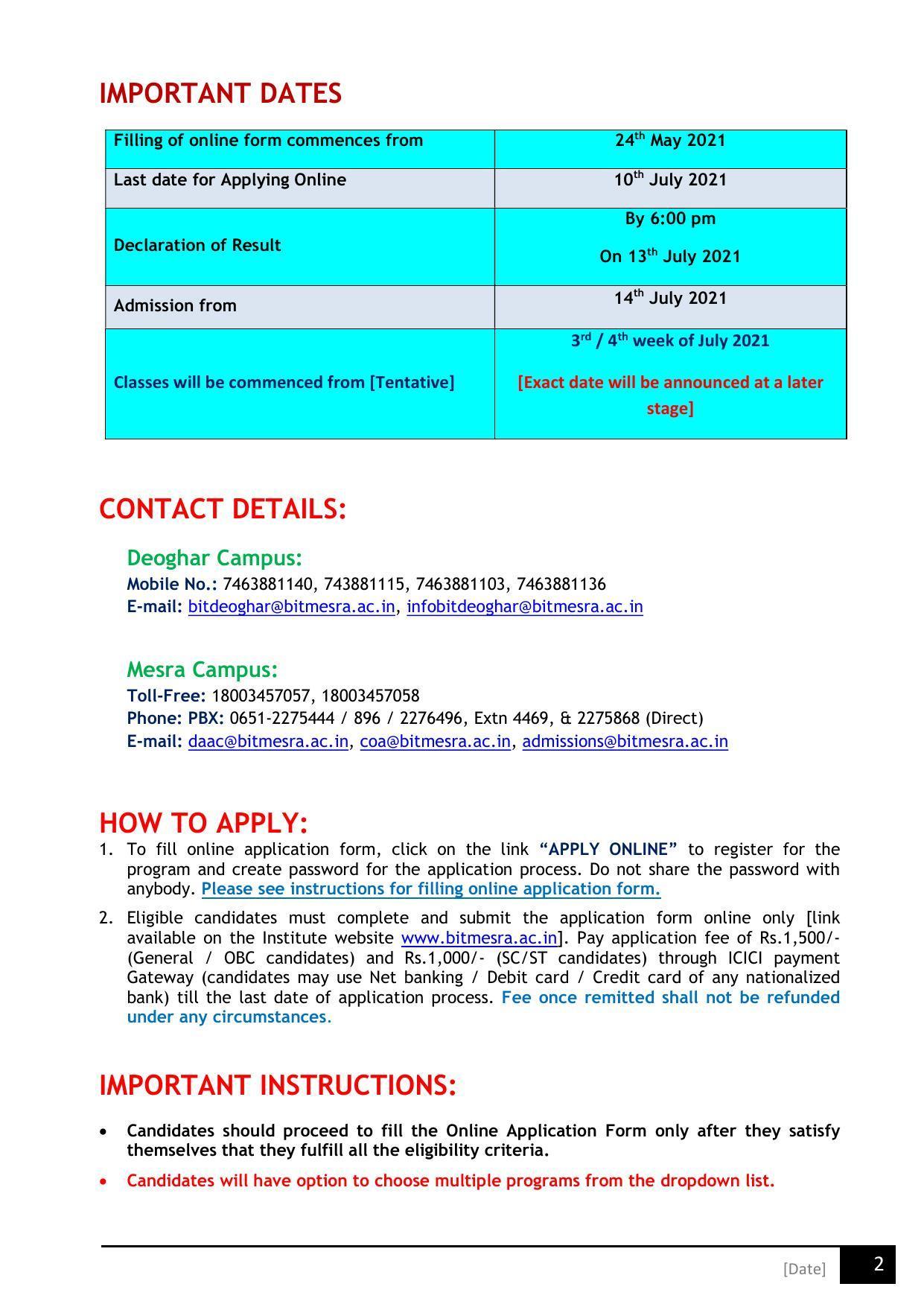 Birla Institute of Technology (BIT), Mesra Information Brochure 2021-22 - Page 2