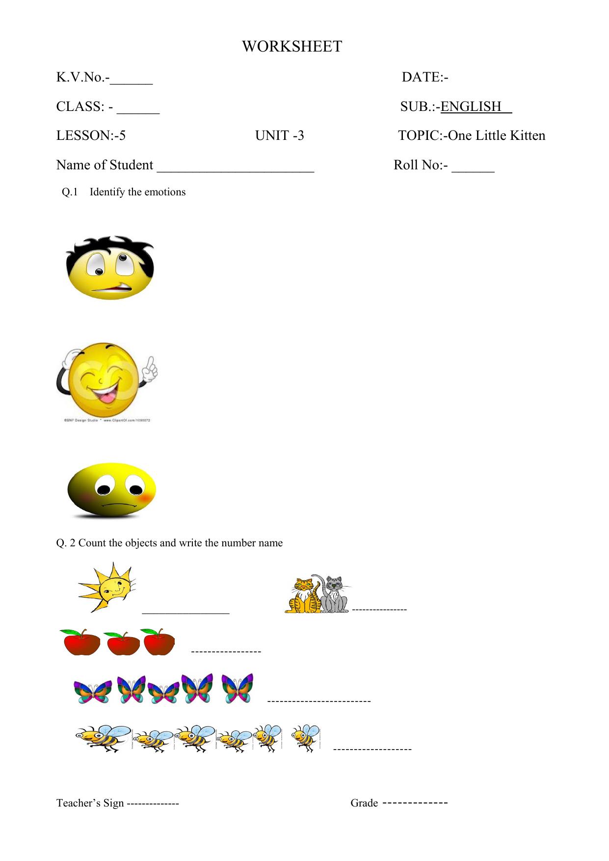 Worksheet for Class 1 English Assignment 33 One Little Kitten - Page 2
